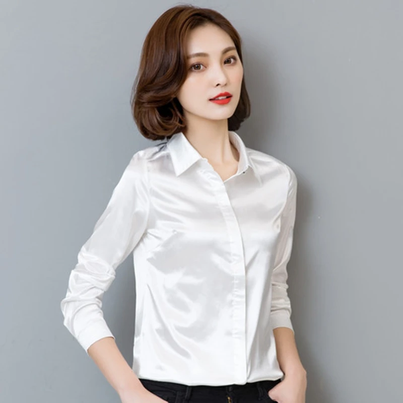 Stinlicher camisa de seda cetim feminina primavera outono manga longa elegante trabalho wear topos moda coreana branco azul preto blusa camisa