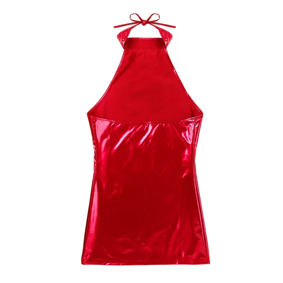 Sexy Wetlook Leather Mini Dress Erotic Shiny Patent Leather Sheath Bag Hip Skirt Glossy Shaping Backless Halter Neck Dress Sexi