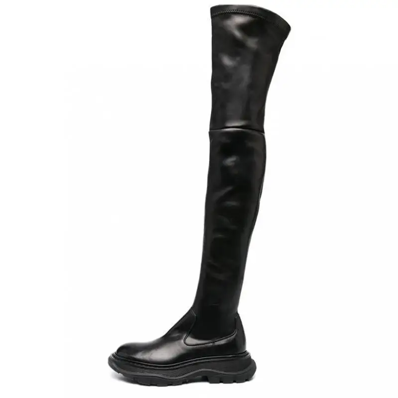 

2021autumn Black Round Toe Thick-soled Over-the-knee Boots Women's Stretch Thin Temperament Long Boots Shoes Leisure Flats Botas