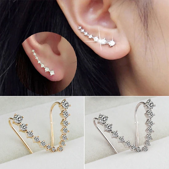 Pendientes elegantes con pasador para mujer, aretes de cristal para escaladores/crawlers, aretes de diamantes de imitación transparentes para mujer,