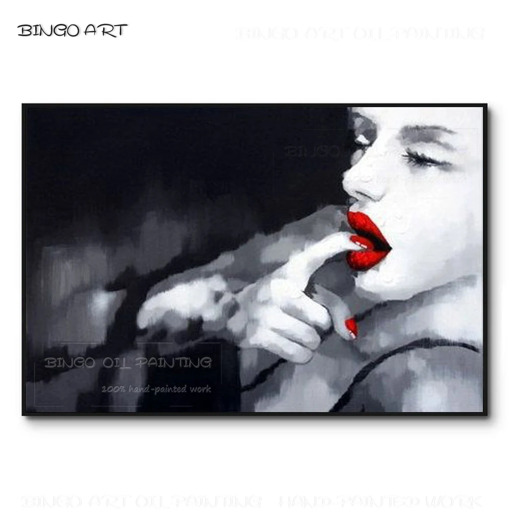 Black and White Design Sexy Woman and Red Lips Oil Painting Hand-painted Sexy Wall Art Hot Lady's Lips Oil Painting for Wall Art