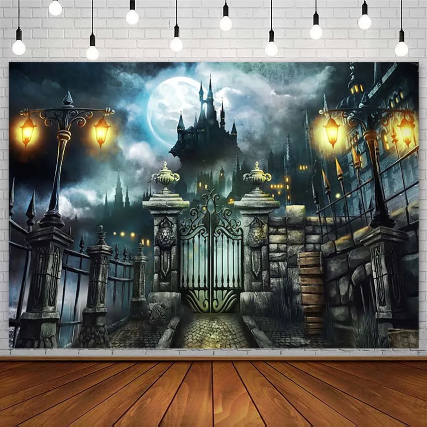 Halloween Backdrop Horror Castle Night Moon Stone Door Light Kid Portrait Photography Background Photocall Photozone Decor Props