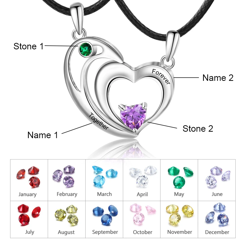 JewelOra Personalized Couples Heart Necklace Set Customize Birthstone Engravable Name Necklaces for Women Anniversary Gift