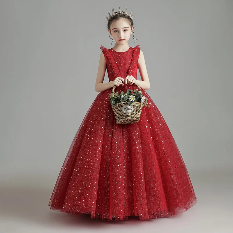 

Glitz Girls Wedding Dresses Red Sequin Lace Party Ball Gown Princess Birthday Long Dress First Communion Gown for Flower Girl