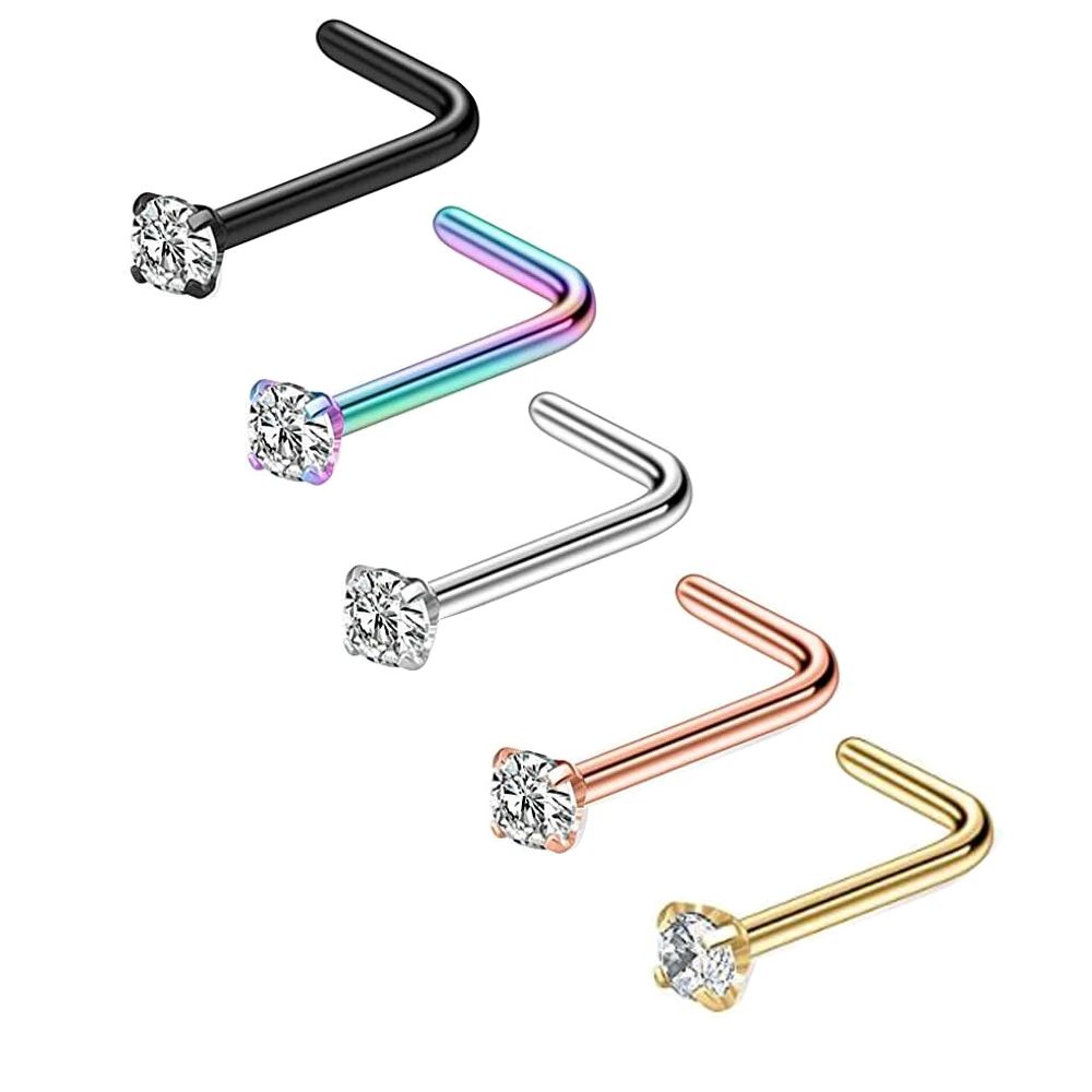 

tainless Steel 20G Nose Ring Studs Bone Nostril Pin L Shape Bar Body Piercings Jewelry Gold/Rose Gold/Silver Color