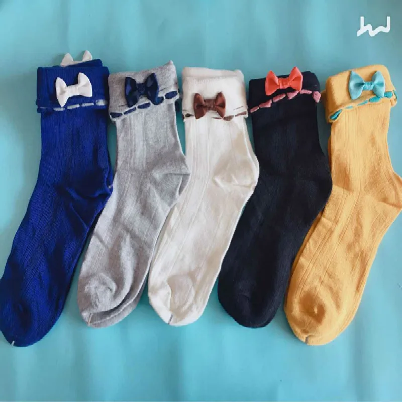 New Solid Color Bow  Middle Tube Cotton Socks Pure Color Bowknot High Quality Autumn  Winter Ladies Socks Wholesale 5pair/lot