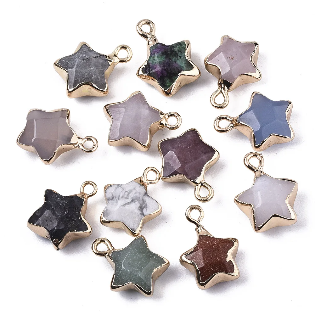 10pcs Natural Stone Pendent Faceted Star Charm with Light Gold Plated Edge For Necklace Pendent Accessories Jewelry Making