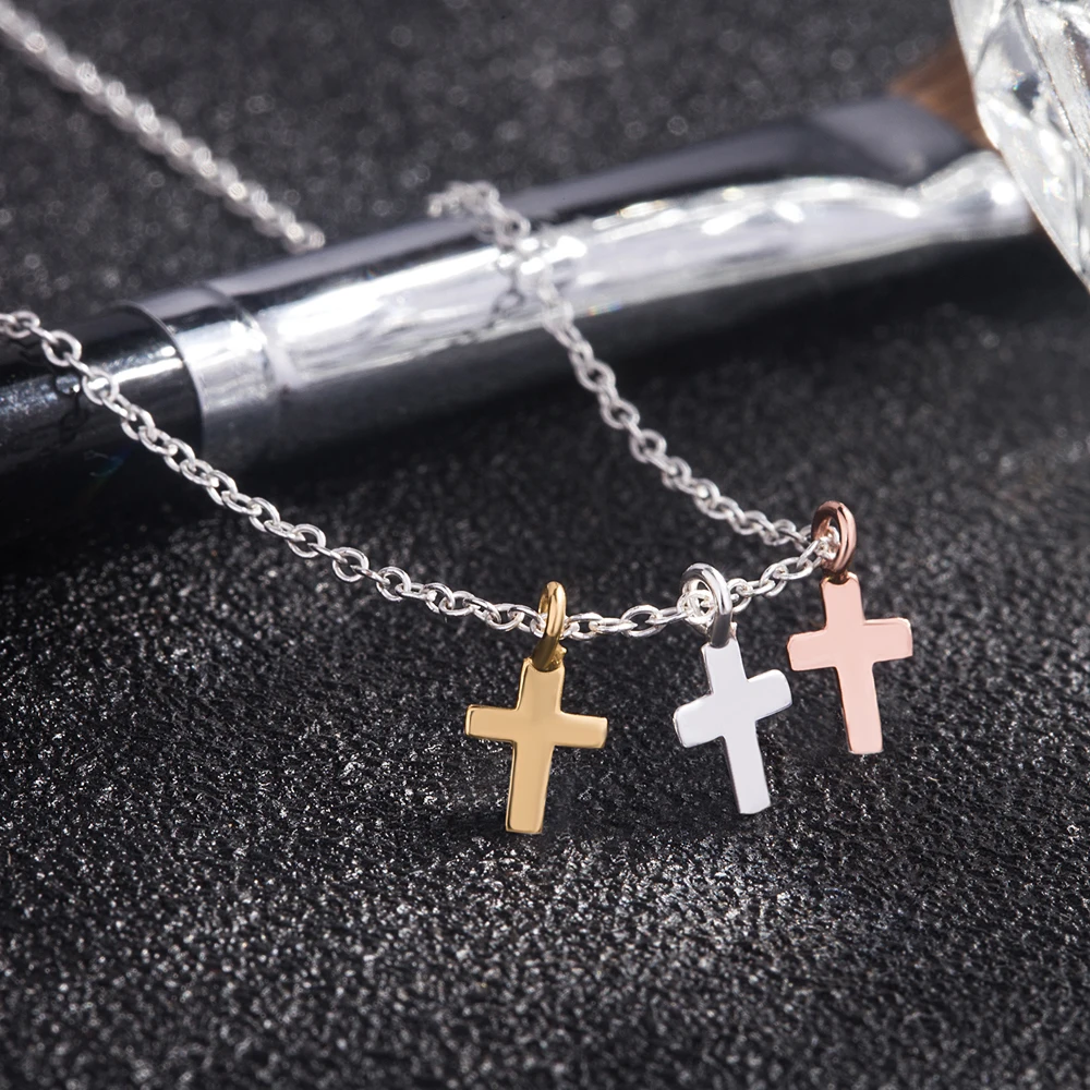 Collar de Cruz de Tres Colores Minimalista de Plata de Ley 925 para Mujer, Diseño Religioso de Fe, Cadena Pequeña de Plata, Regalo