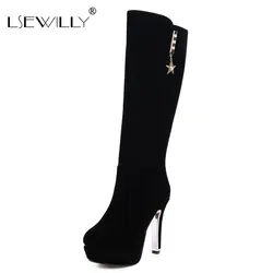 Lasyarrow Knee-High Women Boots Shoes Zip  High Heels Long Boots Round Toe Thin Heels Boots Ladies Winter Black Size 30-48