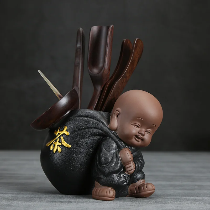 Little Monk Chinese KungFu Gong Fu Tea Set, Ceremony Accessories Set, Clip Needle, Ceramic Tea Scoop, Six Gentleman Teawer