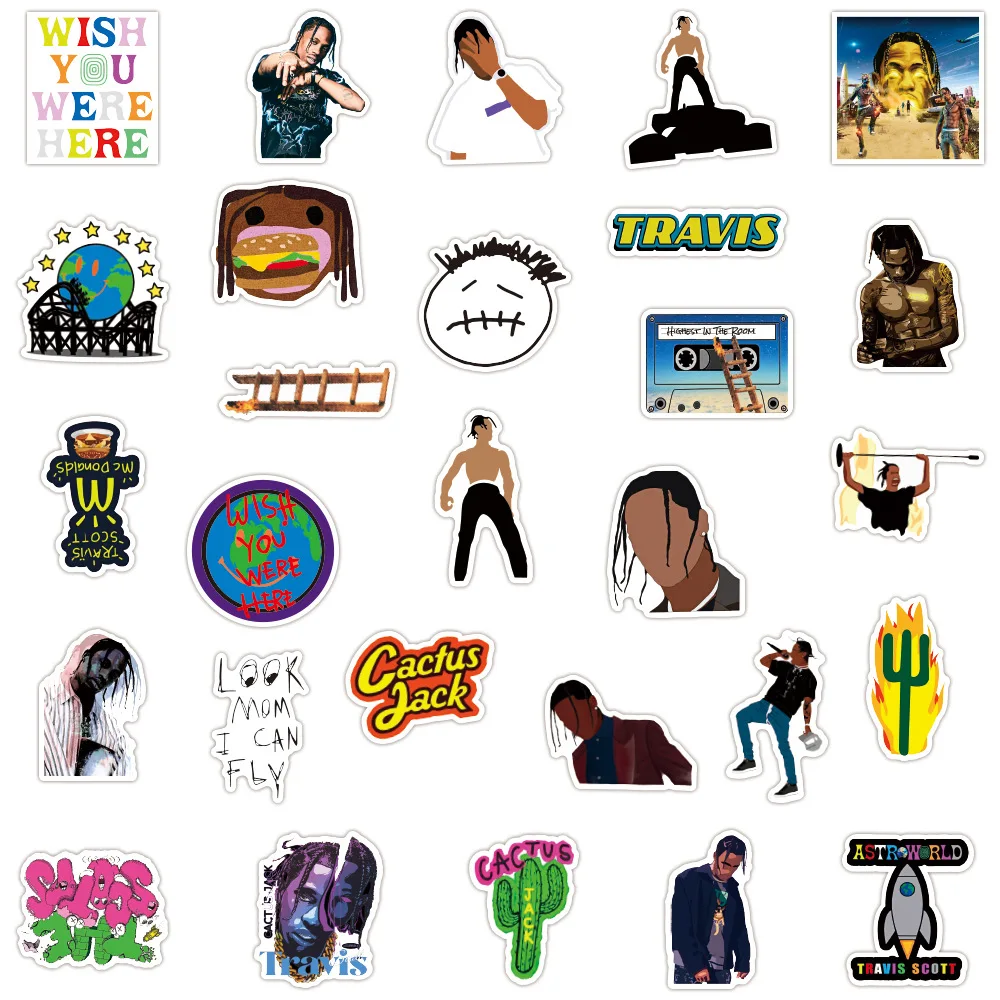 10/30/50PCS Cool Rapper Travis Scott Stickers Graffiti DIY Motorcycle Luggage Guitar Skateboard Waterproof Sticker Decal for Kid