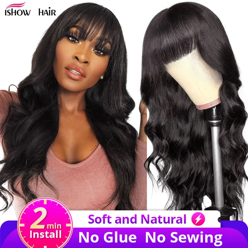 

Ishow Body Wave Wig With Bangs 99J Colored Human Hair Wigs With Bangs Machine Made Ginger Human Hair Wigs Brazilian Hair Wigs