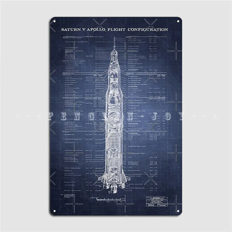 Apollo Saturn V Blueprint In High Resolution Dark Blue Metal Sign Wall Decor Wall Pub Kitchen Vintage Tin Sign Poster