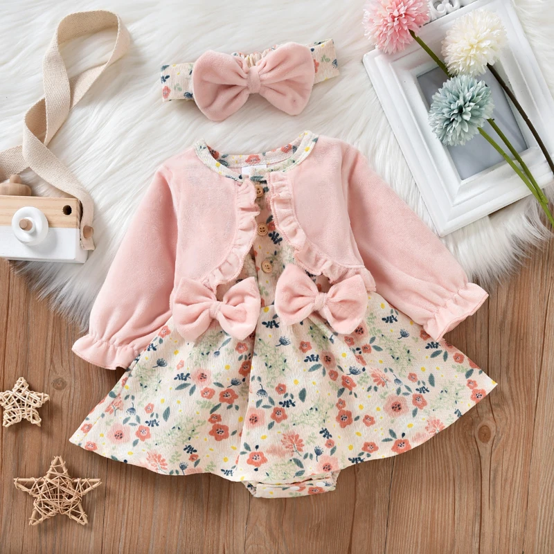 

0-18 Months Baby Girl Princess Outfits Casual Romper Long Sleeve Floral Patchwork Dress Style Jumpsuit + Bow-Knot Headband Set