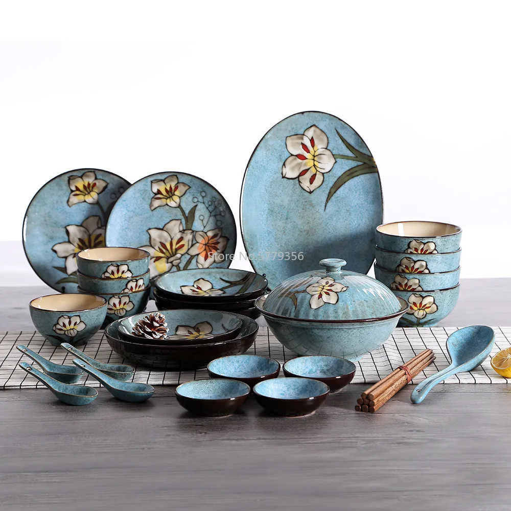 Japanese and Korean Hand-painted Kiln Changing Tableware Set Household Ceramic Rice Bowl Meal Plate Fish Plate Ceramic Tableware