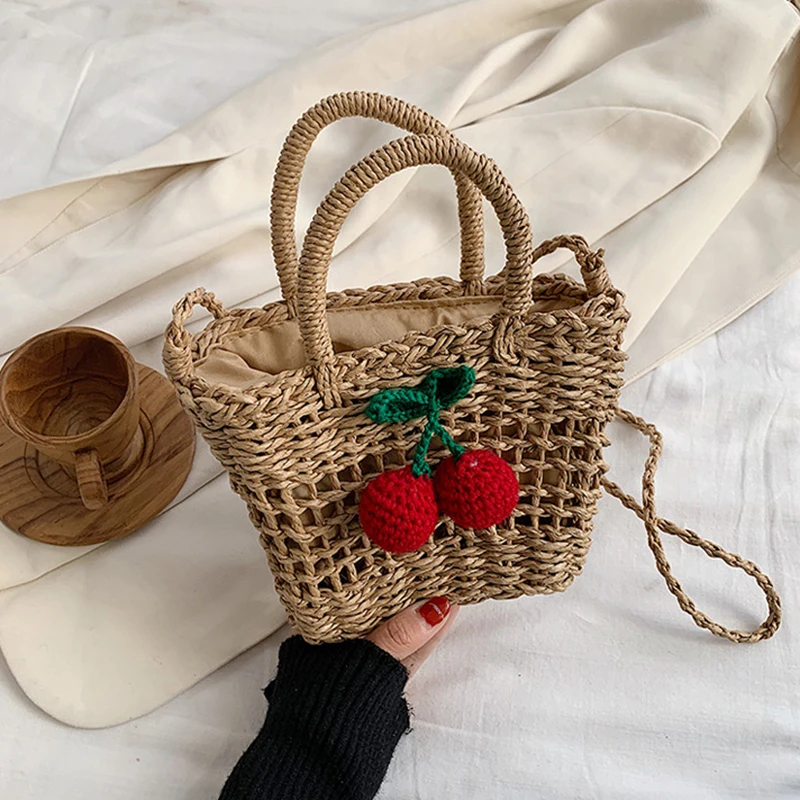 

Cherry Small Straw Bucket Bags For Women New Fashion Handbag Seaside Vacation Beach Bag Girls Shoulder Messenger Bag