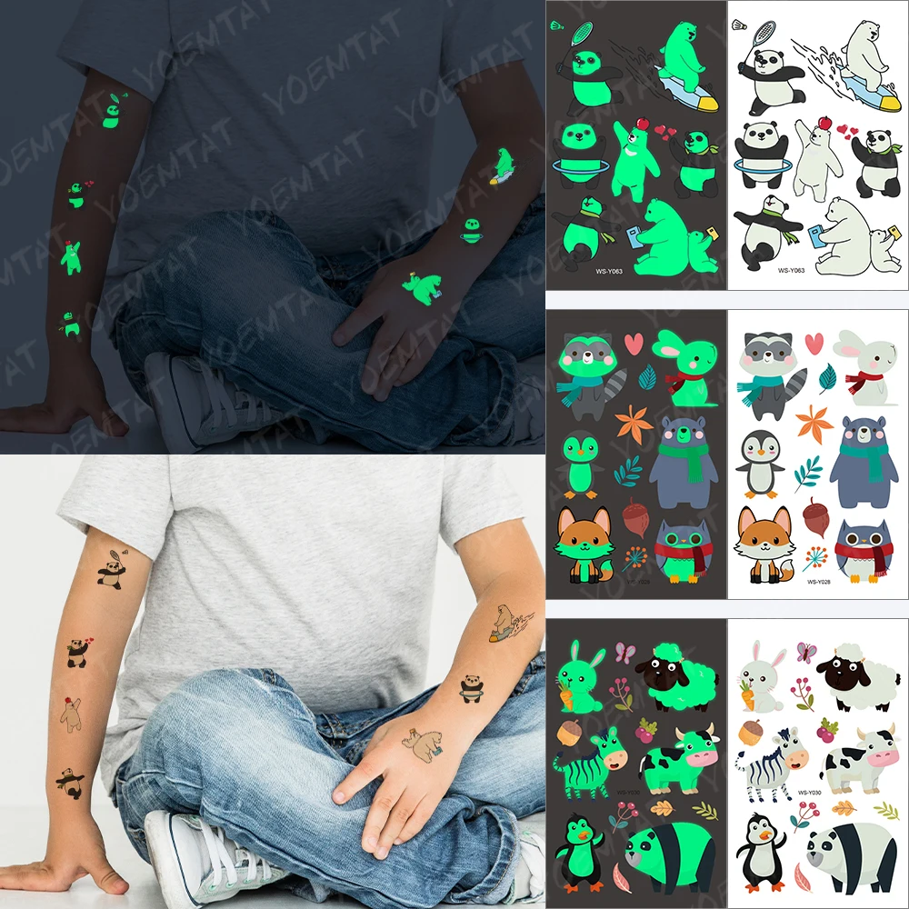 

Luminous Waterproof Temporary Tattoo Sticker Children Panda Cartoon Animal Cute Night Glowing Tatoo Kid Face Flash Fake Tatto