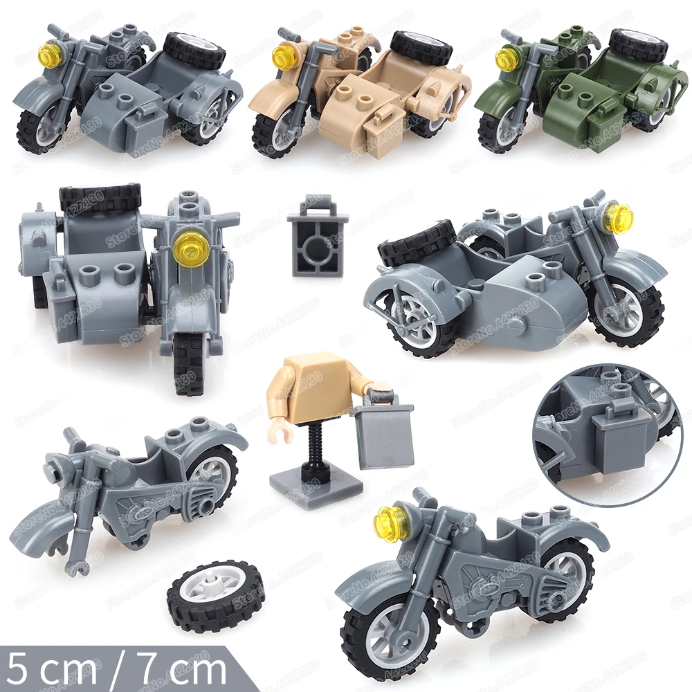 Bloques de construcción de motocicleta militar de tres ruedas, figuras Moc, armas de fuerza de la Segunda Guerra Mundial, modelo de movimiento, regalos de Navidad para niños, juguetes educativos