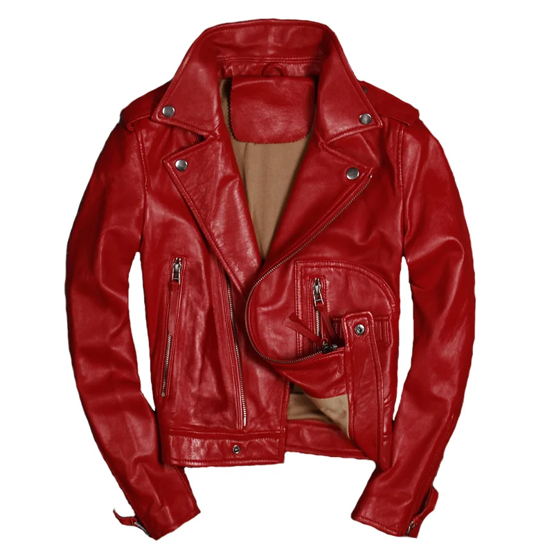 

Cool Women Genuine Leather Jacket Coat Sheepskin Motorcycle Biker Real Leather Jacket Slim Fit Female Ladies Outerwear Black Red
