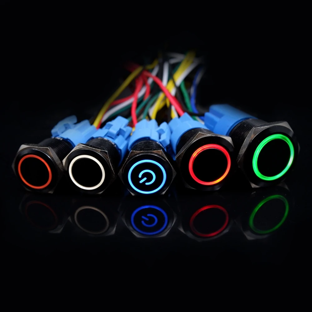 Black Push Button Switch with Wire Led Light 16/19/22mm Waterproof Illuminated  Metal Latching Momentary 5V 12V 220V Red Blue