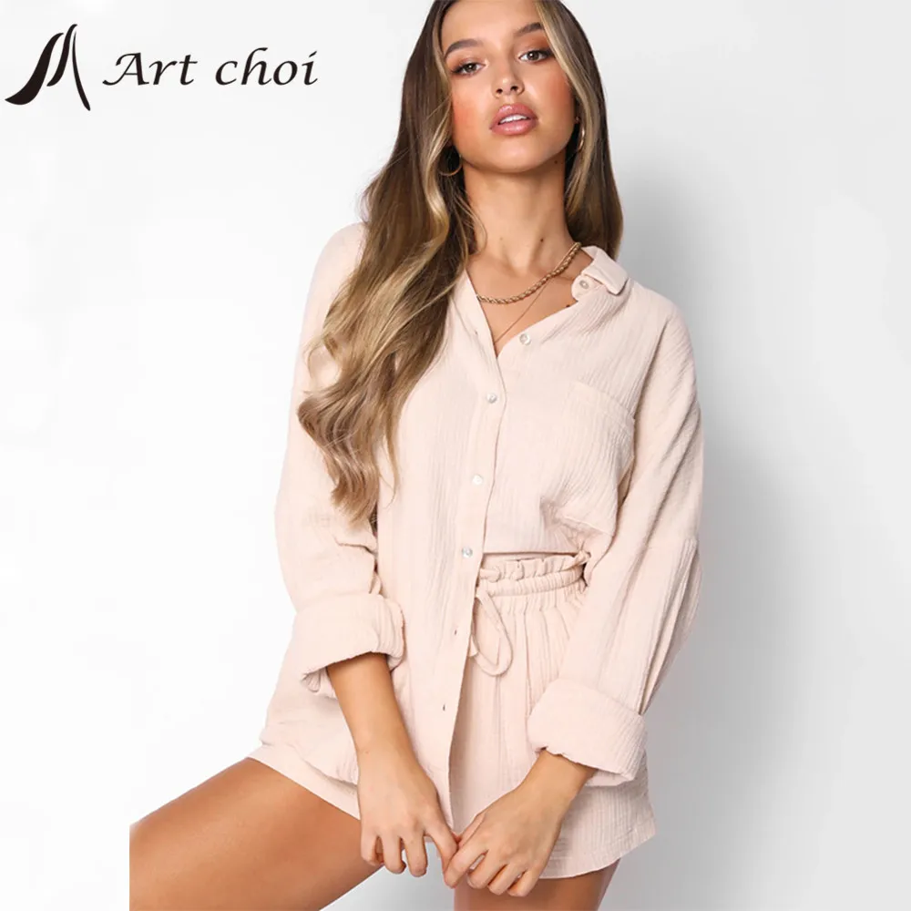 

Spring Summer Two Piece Set Tracksuit Casual Outfit Suits Women Cotton Shirt Blouse Tops High Waist Shorts Pants 2 Piece Sets
