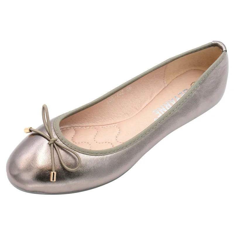 Women Ballet Flat Shoes Round Toe Bow Silver Gold Flats Bowknot Slip on Loafers Lazy Casual Shoes Plus Large Size 41 Waterproof