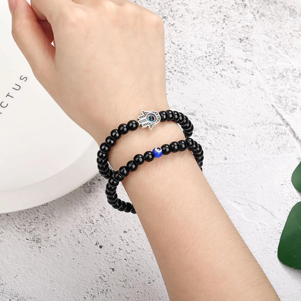 6mm Natural Stone Beads Blue Eye Hand Charm Bracelet Set Handamde Hematite Evil Turkish Eye Bracelet For Women Men Jewelry