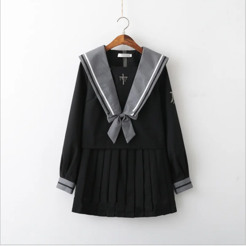 Black Summer Navy Sailor Suit Tops Skirts JK High School Uniform Class Uniform Students Cloth