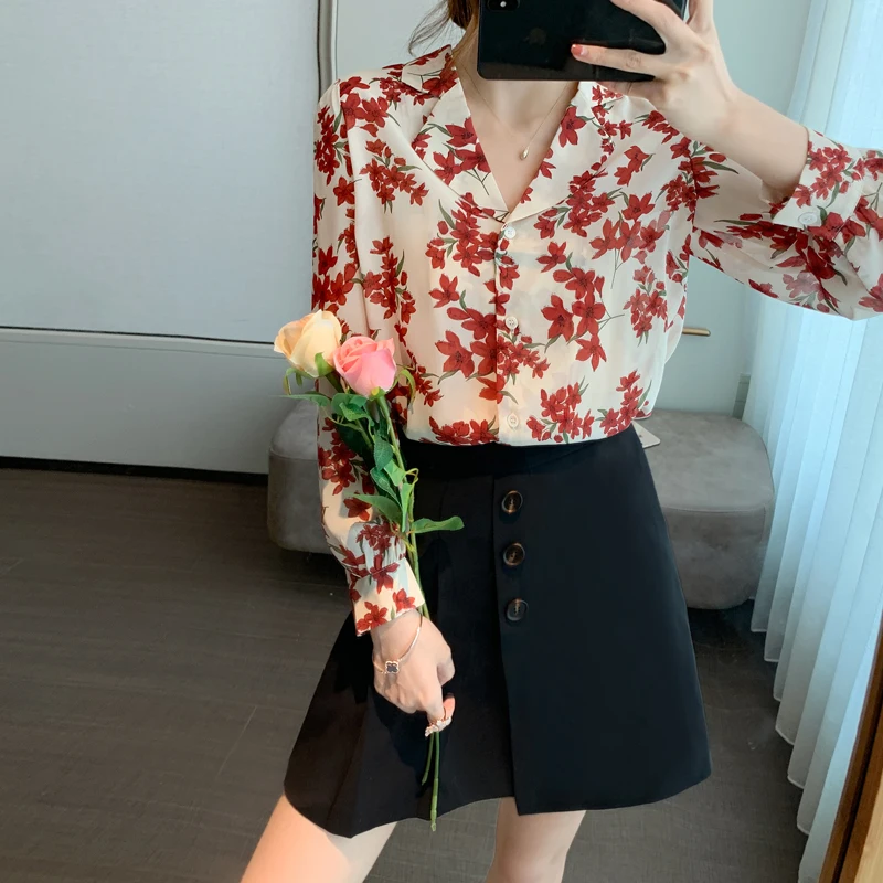 2020 Musim Gugur Cardigan Kemeja Kerah Kemeja Lengan Panjang Fashion Longgar Chiffon Kemeja Atas Blus Floral Bunga Atasan