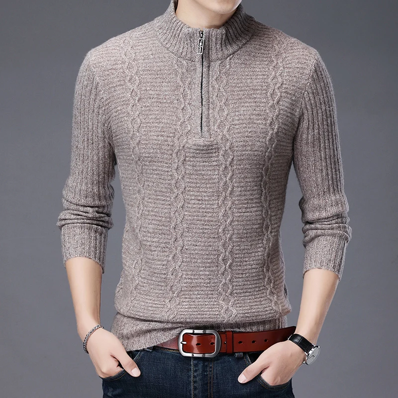 

New Man Winter Pure 100% Soft Wool Sweater Fashion Argyle Zipper Jumper Male Warm Thick Sweaters Pullover Free Shipping