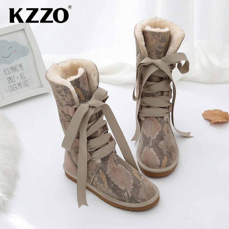 KZZO Top Quality Natural Wool Lined 100% Genuine Leather Winter Snow Boots For Women Casual Knee-high Boots Warm Shoes Non-slip