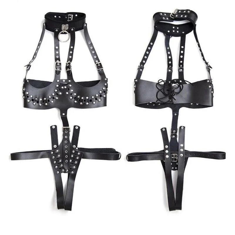 Women Studded PU Leather Cupless Teddy Open Breast Body Harness Fetish Wear Bodysuit Mistress Role Play Costume