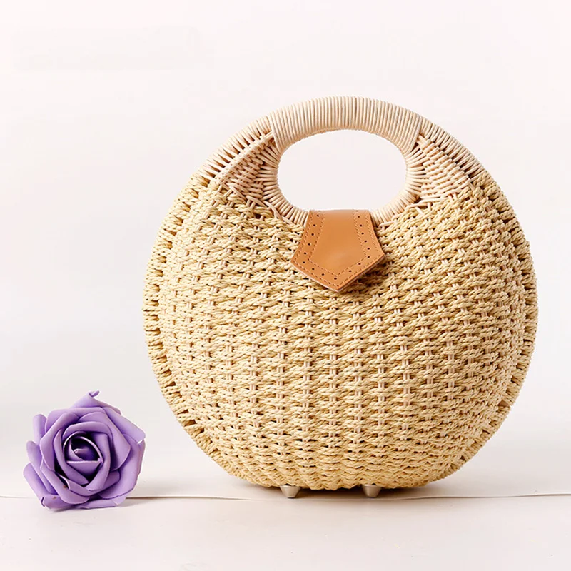 ABQP Summer Straw Bags For Women Large Capacity Female Beach Tote Handbags Round Shape Women\'s Woven Straw Bag