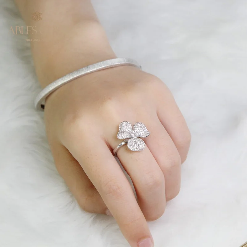 Ables Chic Solid 925 Silver Rose Petals CZ Flower Cocktail Rings Paved Cubic Zirconia Stones Wedding Ring 5303