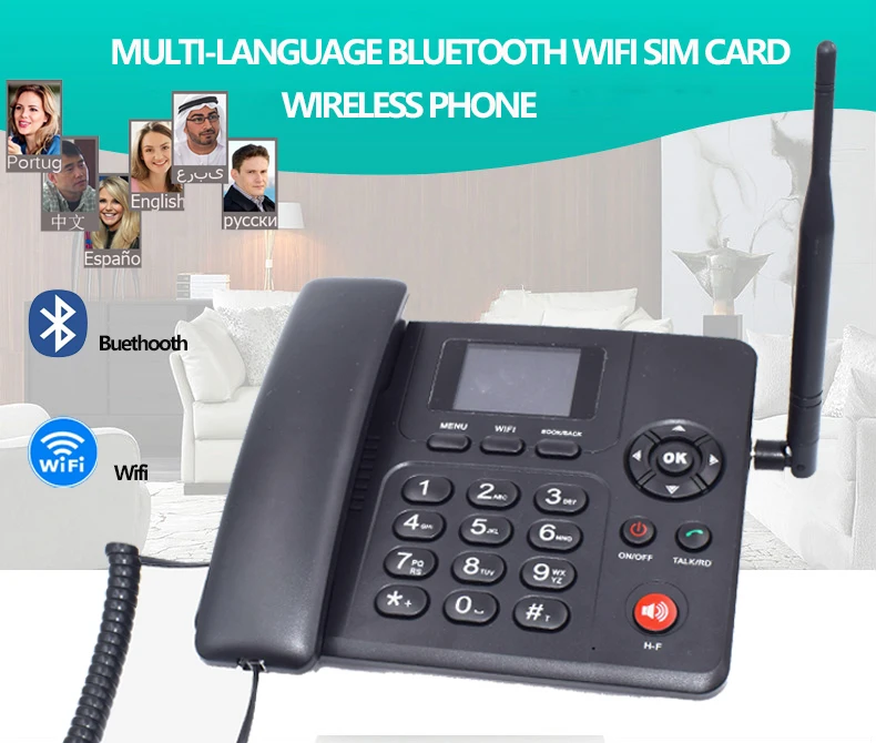 English Russian Languages Cordless Phones with Wifi GSM SIM Card 2G 3G 4G Wireless Fixed Phone Desktop Telephone for Office Home