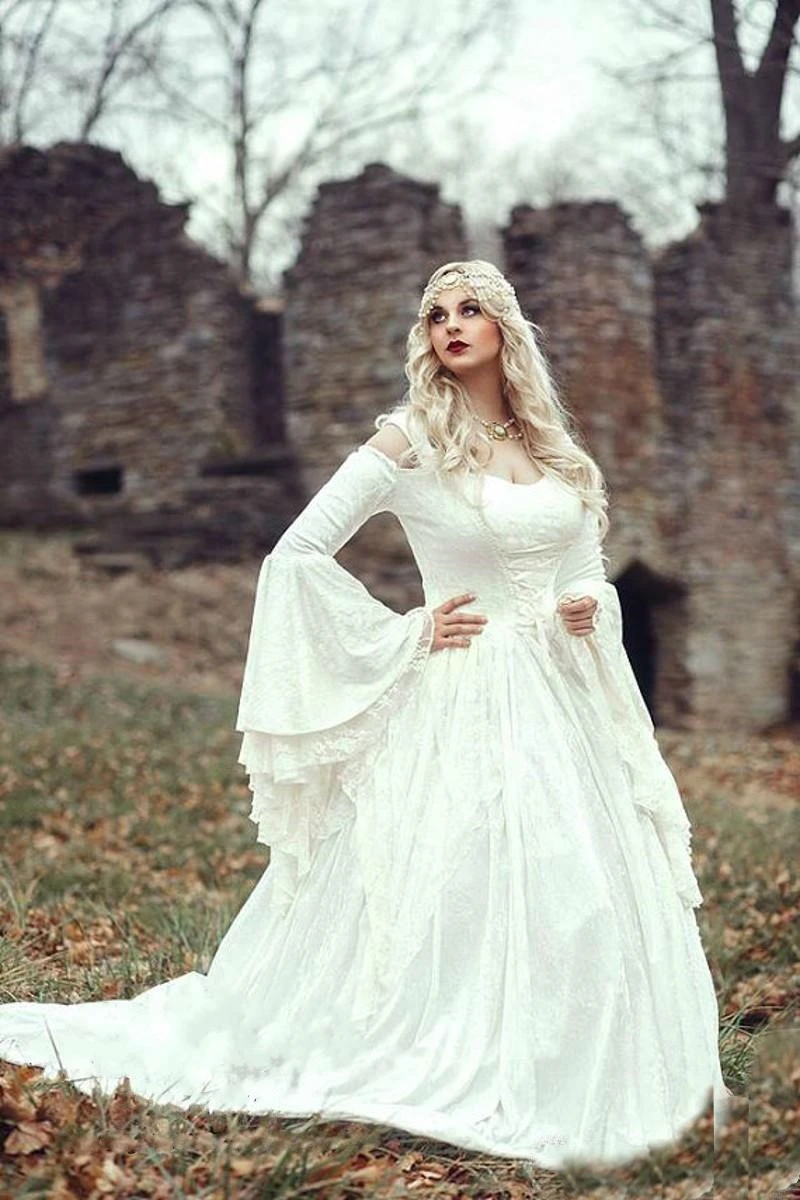 Renaissance Gothic koronkowa suknia ślubna z płaszczem Plus rozmiar Vintage Bell z długim rękawem Celtic średniowieczna księżniczka linia Bride suknie