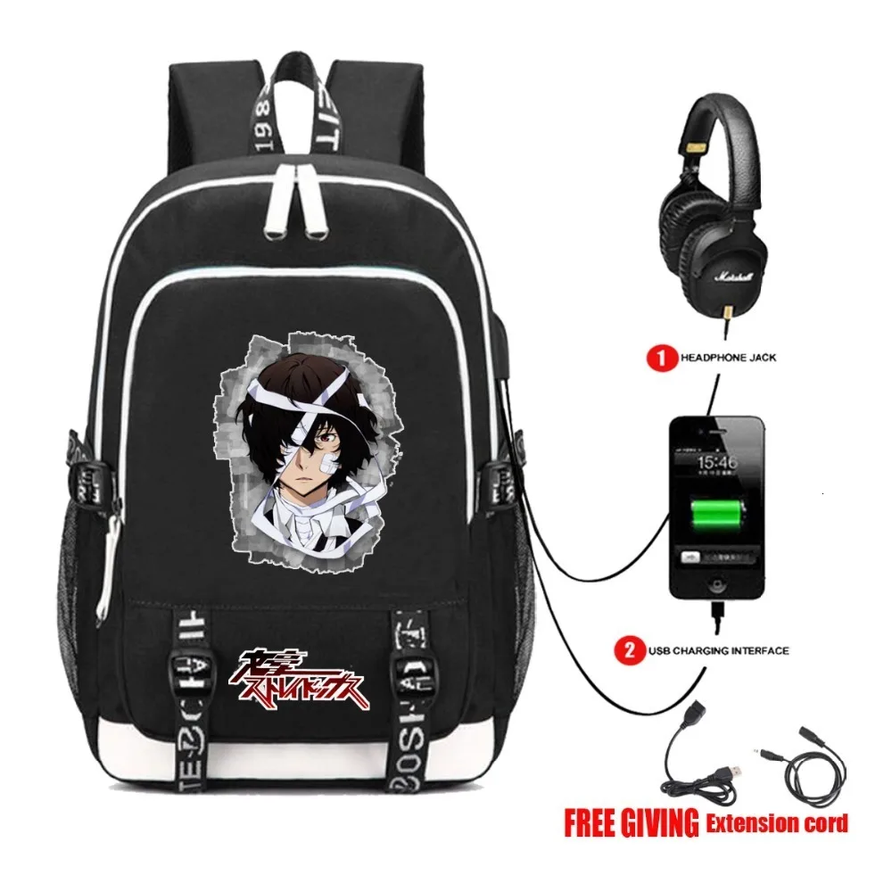 USB Charge Headphone Jack Student School Book Bag Rucksack teenagers Travel Mochila for anime Bungou Stray Dogs Backpack 4 style