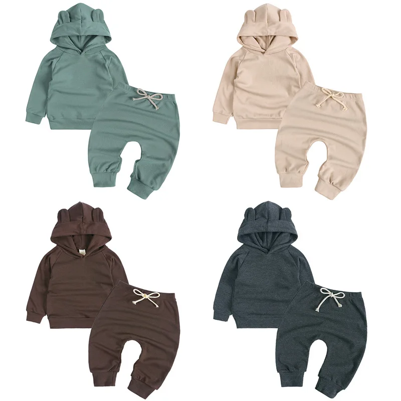 

Autumn Baby Boys Clothes Girl Sets Hooded Tops Cotton Solid Costumes Tracksuits Infant Clothing 2 pieces Suits Harem Pants