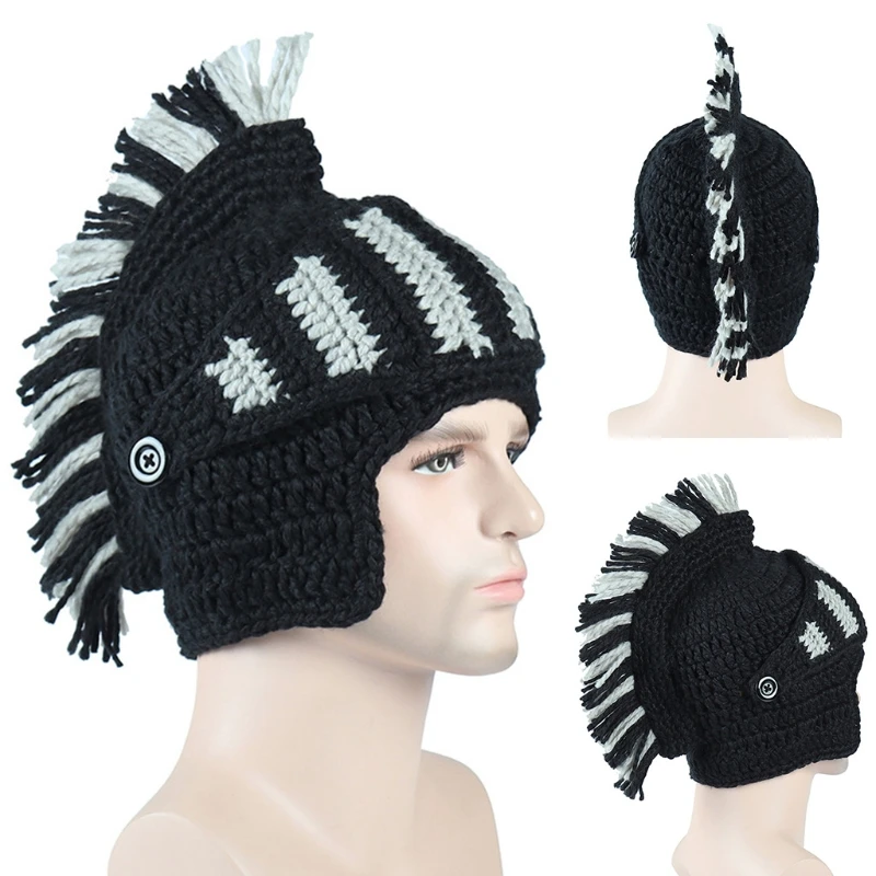 Unisex Funny Chunky Knit Roman Knight Helmet Hat Contrast Color Tassel Barbarian Earflap Beanie Skull Cap with Face Mask