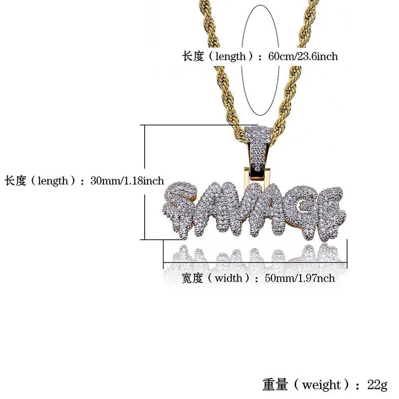 Hip Hop Micro Paved AAA+ Cubic Zirconia Iced Out Bling SAVAGE Pendants Necklace for Men Fashion Rapper Jewelry Gifts