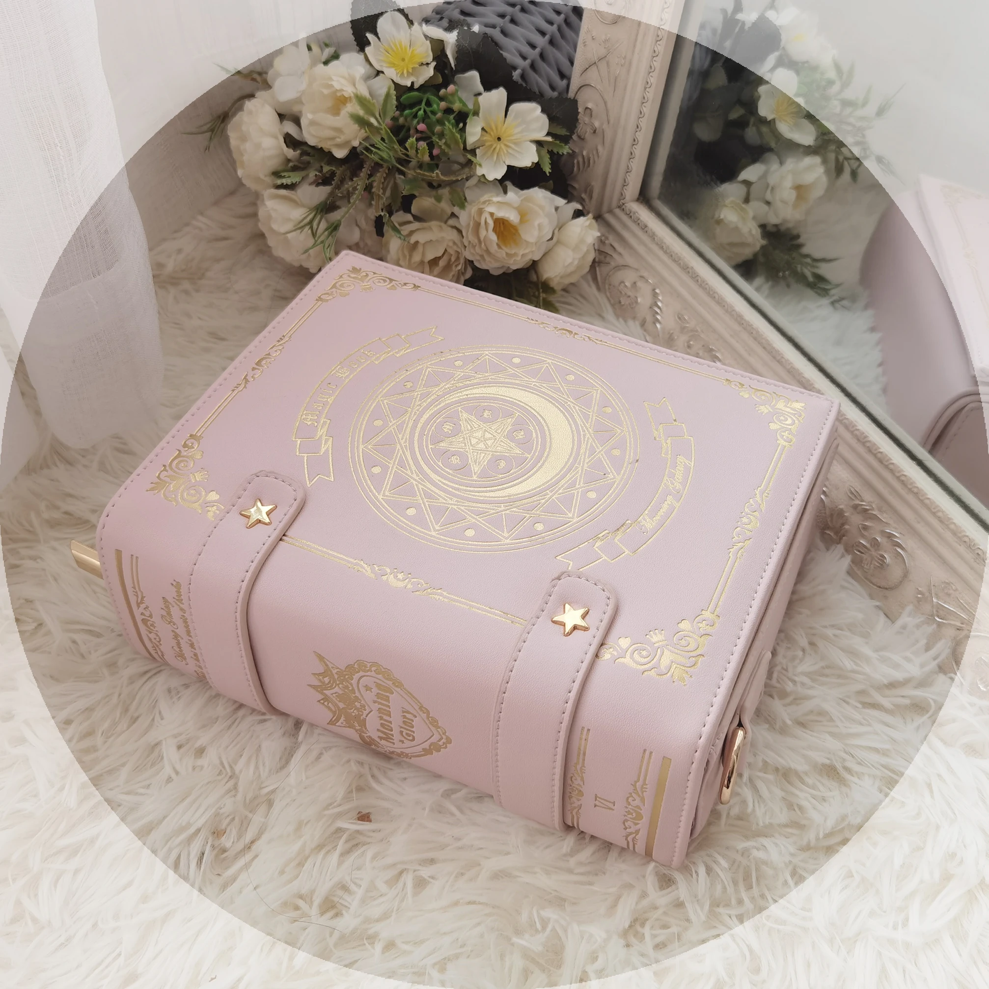 Bolsa mágica 3way com estampa de estrela, lua, retro, inglaterra, mensageiros, anime, lolita, estudantes, cosplay, pu, uniforme jk, dourado, mochila