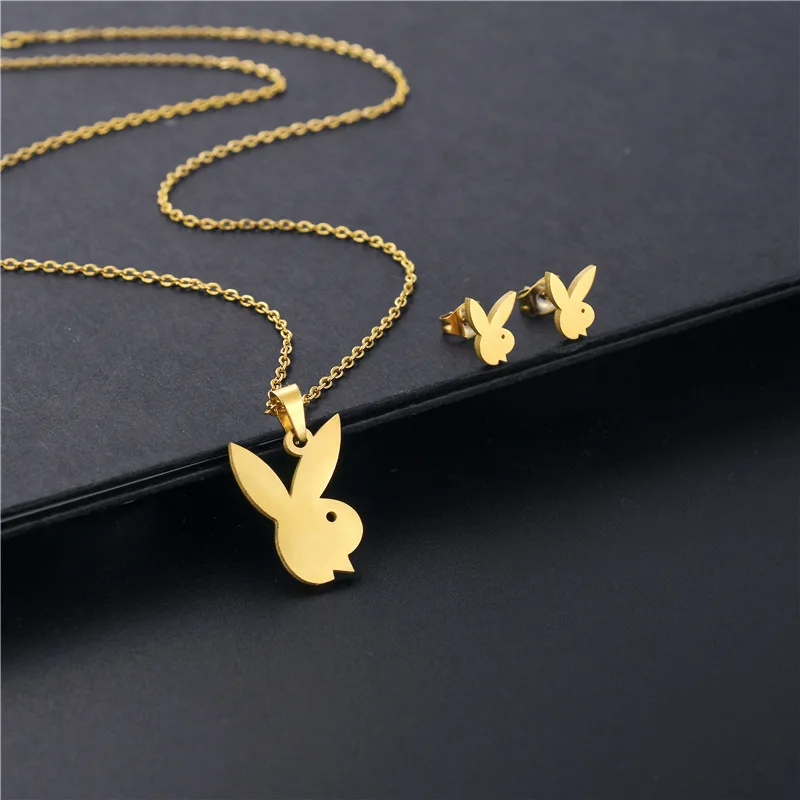 Yungqi Stainless Steel Animal Rabbit Pendant Necklace Earrings Cartoon Bunny Choker Jewelry Set for Women Kids Christmas Gift