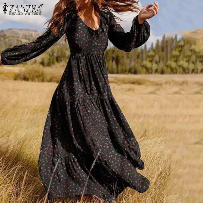 ZANZEA-Vestido largo con volantes para mujer, con estampado Floral túnica informal, manga abullonada, otoño, 2023