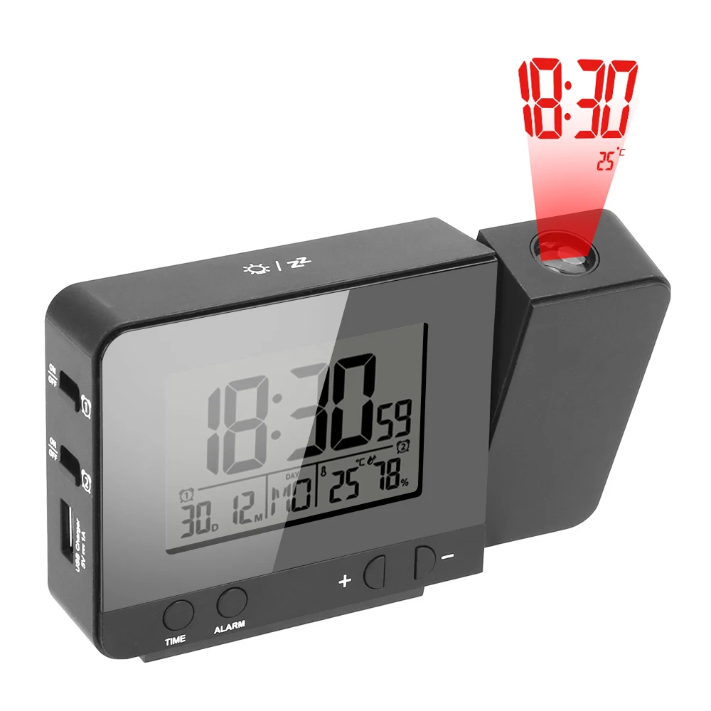 Desk Table Led Clock Projection Alarm Clock Indoor Temperature Humidity Multifunction Digital Date Snooze Function