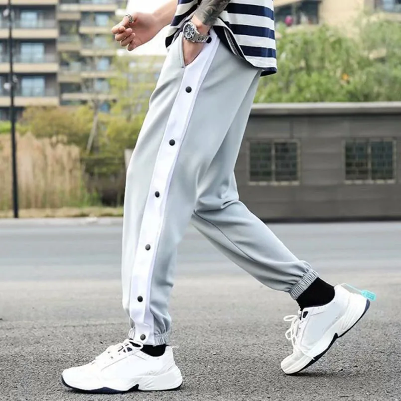 Side Button Sweatpants Men Spring Autumn Sport Jogger Striped Patchwork Wide Leg Jogging Sportswear Fashion Tracksuit Streetwear