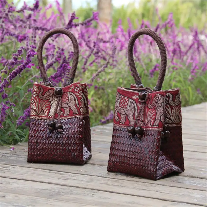 

12x15CM Original Chinese Style Features Handmade Old Straw Bag Rattan Woven Retro Woven Mini Handbag Bucket Bag a6106