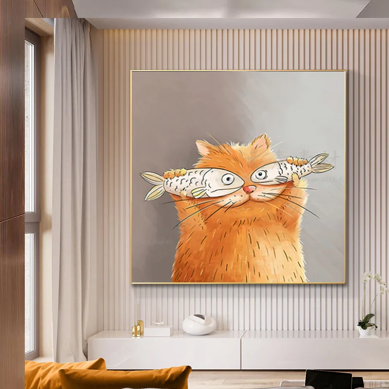 

Nordic Modern Wall Art Canvas Painting Cartoon Cat With Fish Posters And Prints For Kids Room Cute Animal Hom Decoration