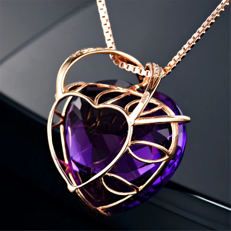 Fashion Women Necklace 925 Silver Jewelry Heart Shaped Amethyst Zircon Gemstones Pendant for Wedding Party Ornaments Rose Gold