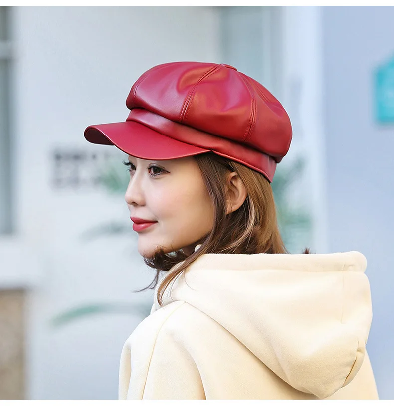 Fashion Solid color Octagonal Cap Hats Female Autumn Winter Leather Panama Stylish Artist Painter Newsboy Caps Beret Woman hat