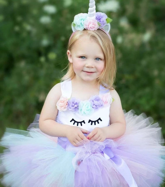 Vestito da Tutu unicorno pastello per bambina vestito da Tulle con fiore all uncinetto per bambini con fiocco per capelli Costume da festa di compleanno per bambini vestito da cartone animato AliExpre...